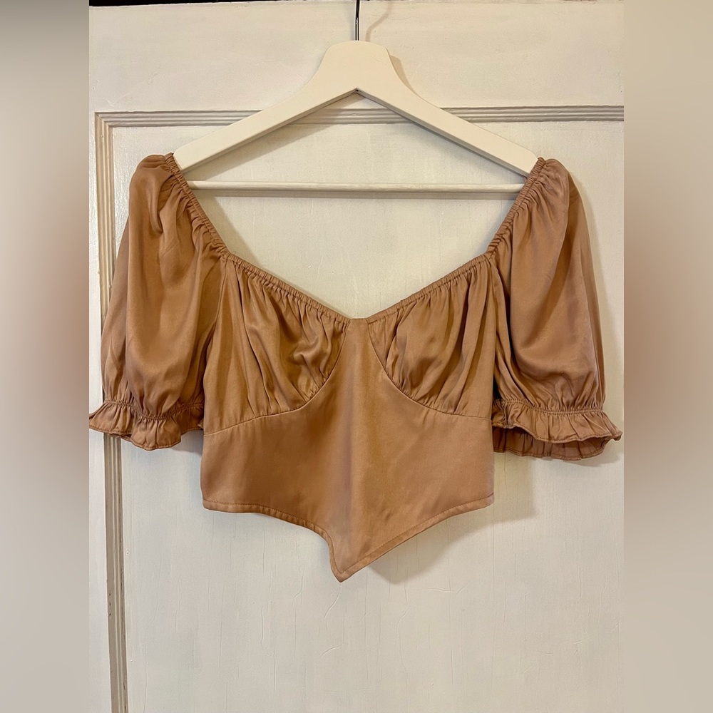 Sophie Rue Rose Gold Sweetheart Neckline Crop Top W/ Puff Sleeves Sz XS Like New